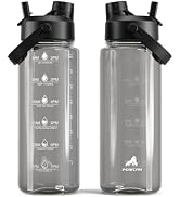 POWCAN 40 oz Clear Water Bottle with Time Marker, 2-in-1 Straw Spout Lid, BPA-Free, Leakproof & D...