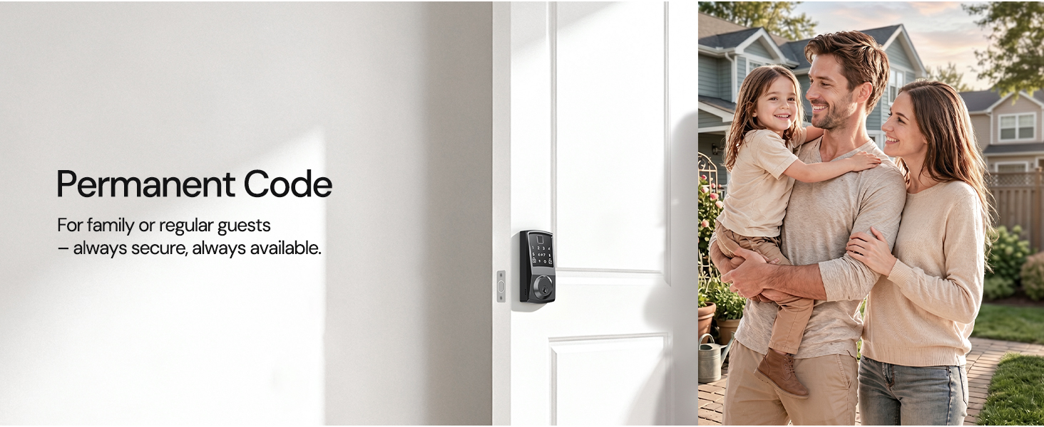 Set a permanent code for family members or long-term guests, offering constant, secure access.
