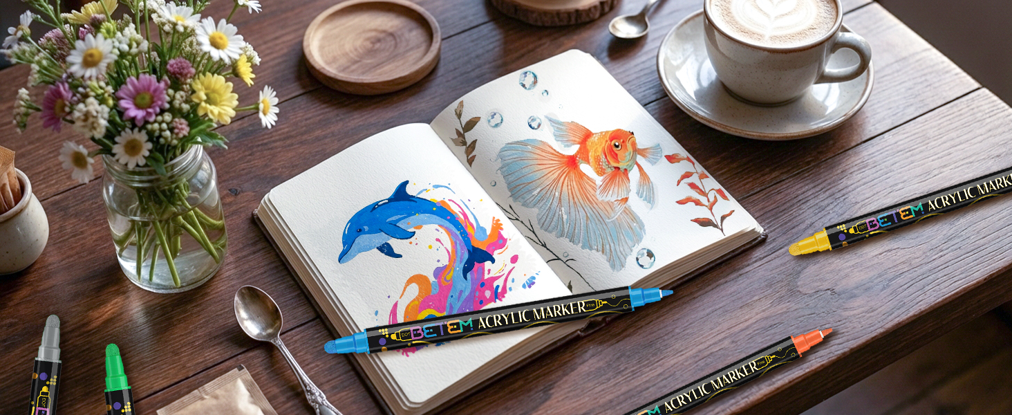 Lifestyle photo series showing coffee cups and art supplies on wooden table with natural lighting.