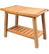 Dynamic-top 24" Shower Bench with Shelf & Handles, Solid American Red Oak Wooden Shower Bench Sea...