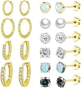 Nunpag 10 Pairs Stainless Steel Stud Earrings Colorful CZ Stud Earrings 20G Stud Earings 8mm 10mm...