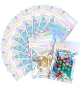 LOKQING 100 Pcs Holographic Mylar Bags Smell Proof Bags with Clear Window Resealable Bags for Sma...