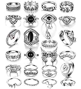 26 PCS Vintage Silver Goth Ring Set for Women Girl, Punk Boho Stackable Finger Knuckle Ring Pack ...