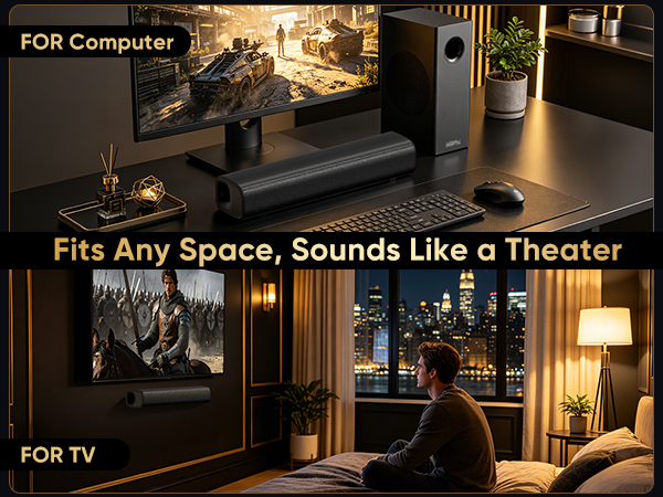 under monitor gaming setup desktop computer soundbar bedroom tv speakers apartment dorm studio hifi