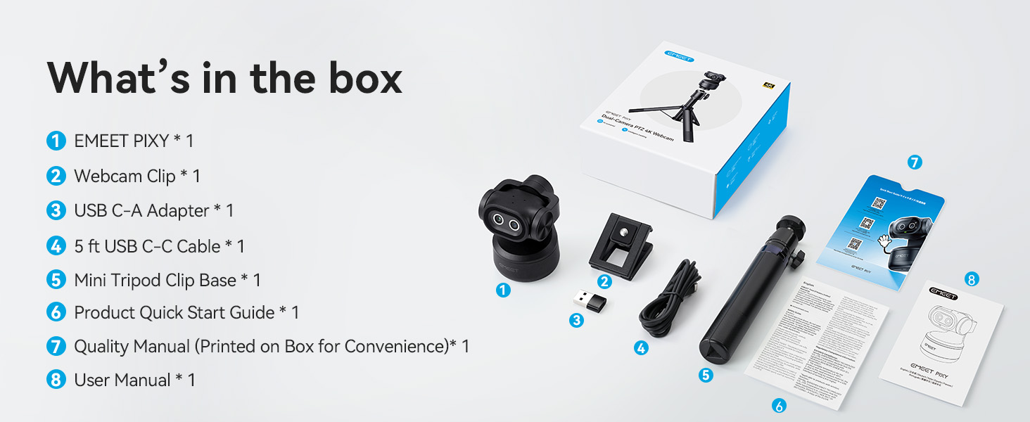 What's in the box EMEET PIXY Dual-Camera AI-Powered PTZ Camera 4K
