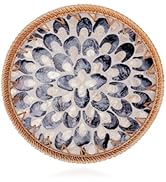 Shellac Rattan Tray with Mother of Pearl Inlay, Round Decorative Serving Tray for Home Décor Coff...