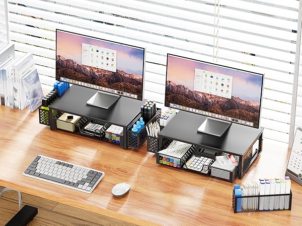 Computer Metal Monitor Stand Riser with Drawer and Pen Holder for Laptop