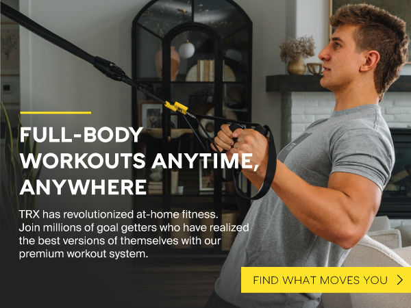 A person using Suspension Trainer workout straps. Text reads: Original workout system.