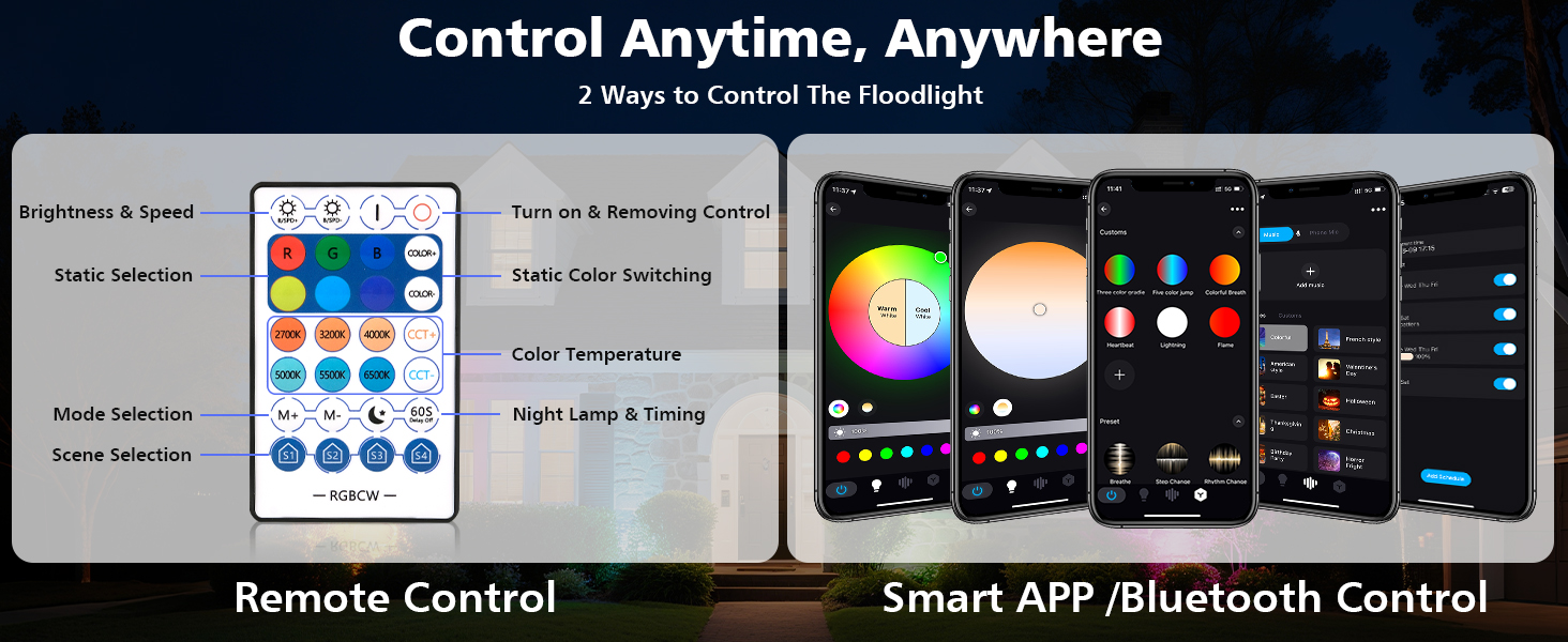 T-SUN 30W RGBCW LED Flood Lights Bluetooh and Remote-remote and smart control