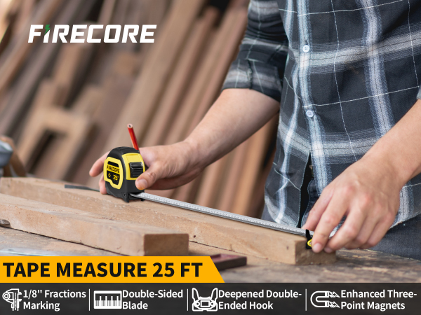 Heavy Duty Measurement Tape Construction Carpenter Fractional Tape Measure 25 ft with 1/8 Fractions