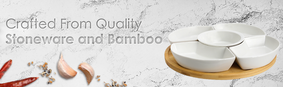 kitchen countertop stoneware bamboo 6 piece appetizer condiment server tray round party serveware