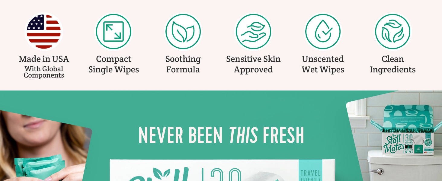 Made in the USA, single wipes, soothing formula, for sensitive skin, unscented, clean ingredients