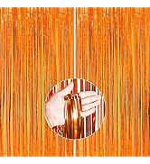 PartyWoo Orange Foil Fringe Curtains, 2 pcs 3.3x6.6 ft Orange Streamers, Fringe Backdrop, Metalli...