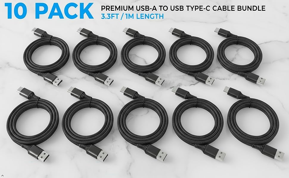10-pack USB-A to USB-C fast charging braided cables.