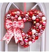 Alupssuc 14" Inch Valentine Heart Wreath with Bowknot and Lights by Batteries Operated for Front ...
