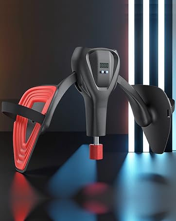 Close-up views of black and red gaming or computer peripheral device from multiple angles, showing ergonomic design and button placements.