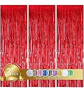 TONIFUL 3Pcs Red Streamers,Red Photo Booth Backdrop Metallic Streamers Red Foil Fringe Curtain fo...