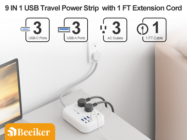 Short Extension Cord 1 Ft- 6 USB(3 USB C) Travel Power Strip with 24W USB Charging Station