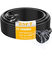 25 Ft. Black Indoor/Outdoor Extension Cord - Waterproof, Flexible, Cold Weather 3-Prong Electrica...
