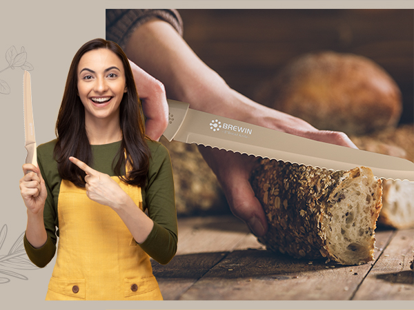 Bread knife slicing multigrain loaf, shown with happy user holding serrated kitchen knife