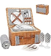Wicker Picnic Basket for 2, Willow Hamper Basket with Large Insulated Cooler Compartment, Picnic ...