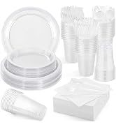 Aodaer 400 Pieces Clear Party Supplies Disposable Dinnerware Set Include Plastic Plates Cups Kniv...