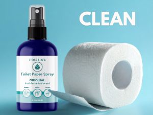 Pristine toilet paper spray bottle with roll of toilet paper