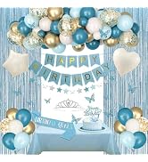 Blue Birthday Decorations for Women Girls, Light Dusty Blue White Sand Foil Balloons Table Cloth ...