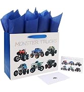 13" Large Truck-themed Gift Bags Set with Greeting Card and Tissue Paper (Monster Trucks Design) ...