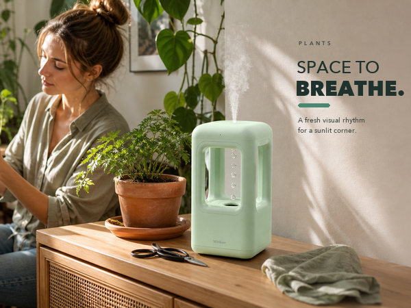 WINBEN green cool mist humidifier running in a sunlit, plant-filled home corner