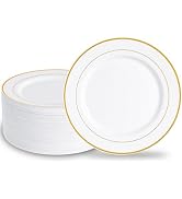 N9R 100PCS Gold Plastic Plates, 10.25 inch White Disposable Dinner Plate with Gold Rim, Heavy Dut...