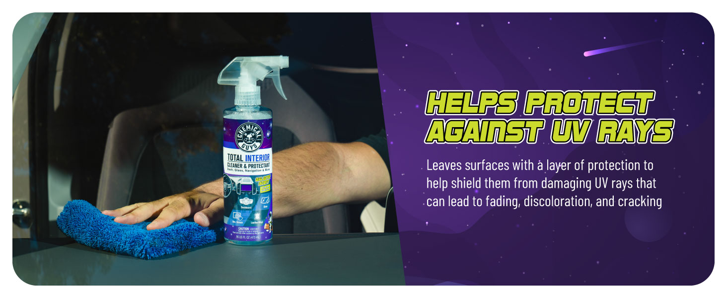 Total Interior Galactic Scent used on car seats, dashboards, and consoles for spotless detailing