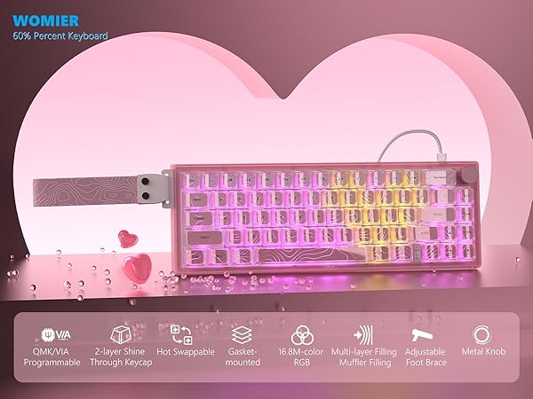 60% Gaming Keyboard Pink, QMK/VIA Creamy Mechanical Keyboard Topographic