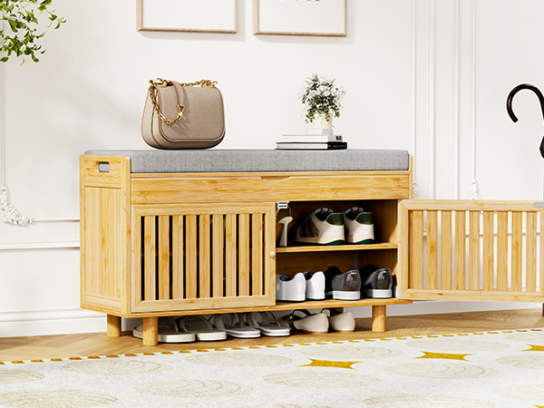 Shoe Storage Bench, Bamboo Entryway Bench with 2 Doors & Padded Seat Cushion