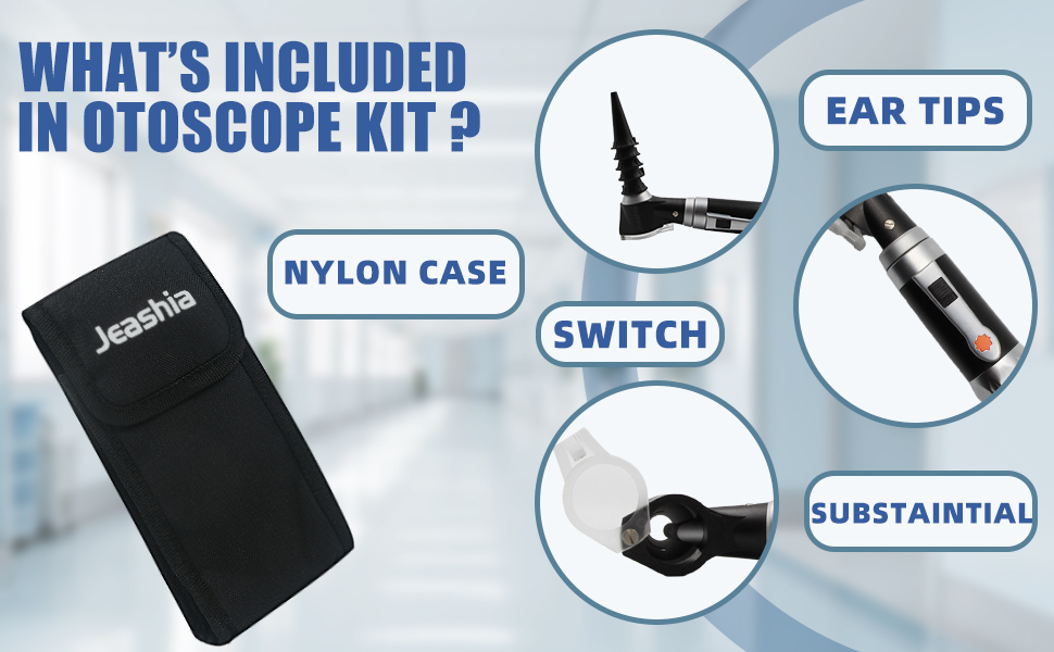Jeashia Otoscope Kit: Nylon case, ear tips, switch & sturdy otoscope.