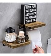 Double Toilet Paper Holder with Shelf, 2 Tier Wood Wall Mounted Adhesive Paper Roll Holder Suitab...