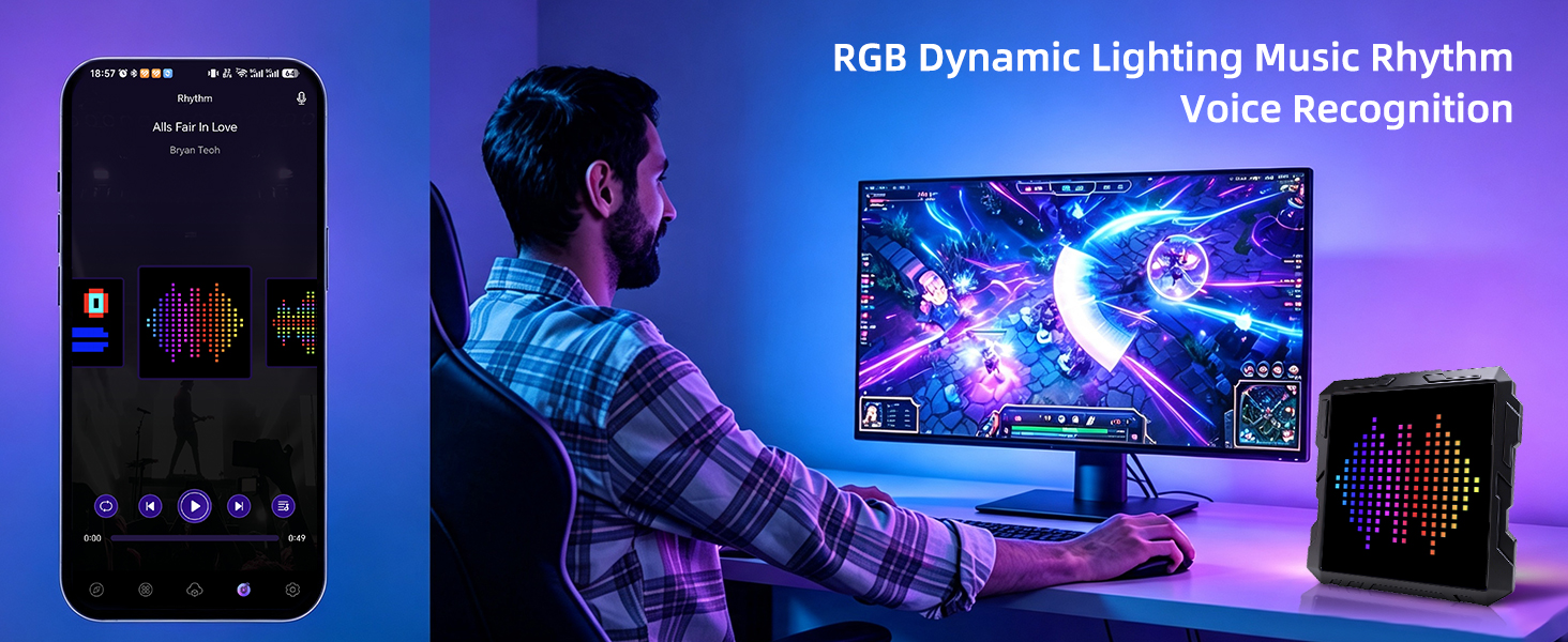 Text reads 'rgb dynamic lighting music rhythm'. Smartphone displaying app interface, colorful LED gaming setup with purple and blue lighting on dark surface.