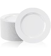 FOCUSLINE 100 Count White Plastic Plates 10 Inch, Disposable Heavy Duty Plastic Dinner Plates- Pr...
