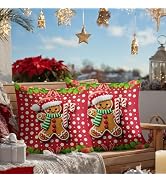 HOMETITUTE Set of 2 Christmas Gingerbread Man Pillow Covers 18x18 Inch | Decorative Candy Cane Ho...