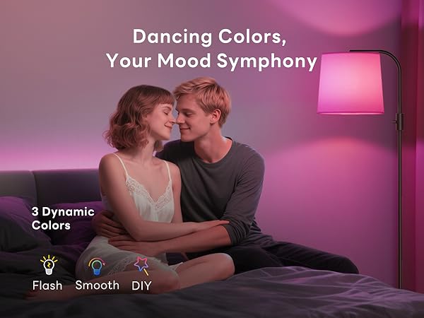 Text reads 'Dancing Colors, Your Mood Symphony' and '3 Dynamic Colors'. Product advertisement showing ambient lighting with couple in bedroom setting.