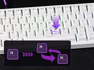 White mechanical keyboard with purple arrow indicators showing key movement sequence, focusing on 'N' key with directional animation overlay.