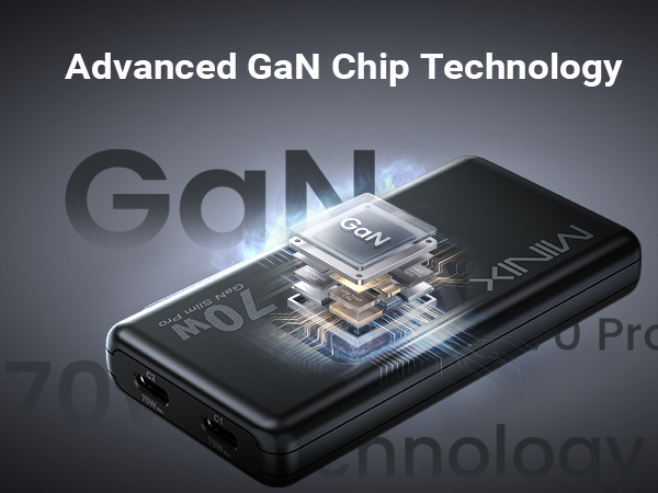 Text reads 'Advanced GaN Chip Technology'. Black smartphone displaying 'GaN' technology branding on screen, highlighting advanced power management processor technology.