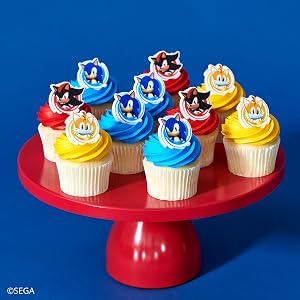 Sonic decorations on colored cupcakes