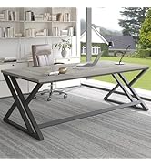 LVB Modern Long Office Desk, Large Wood Metal Computer Desk, Industrial Double Workstation Desk f...