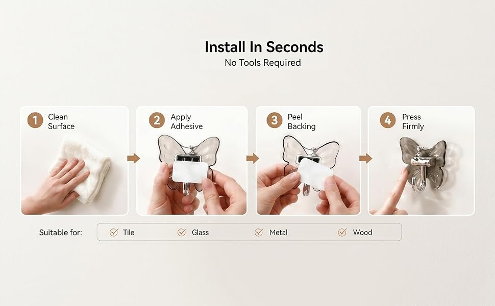 Easy four-step installation for damage-free adhesive wall hooks.