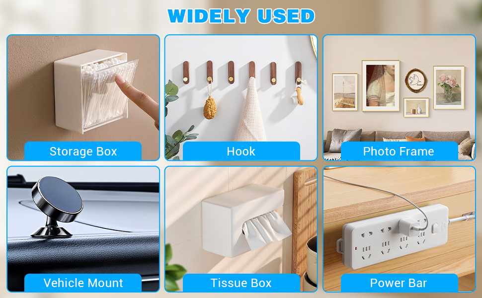 Grid of six household items: storage box, wall hooks, photo frames, vehicle mount, tissue box, and power strip. Each item is labeled and shown in use or mounted.