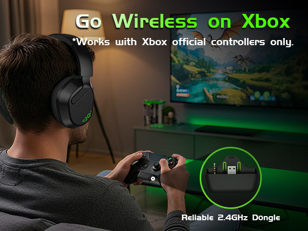 Wireless Xbox headset connects exclusively to official Xbox controllers for gaming.