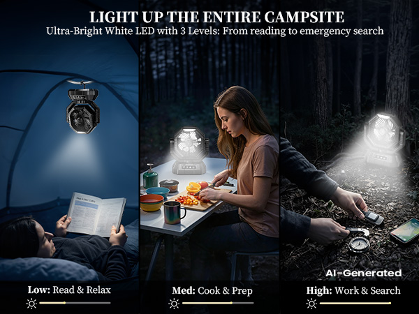 Battery powered fan for camping with 3 light modes to easily switch brightness for night tasks