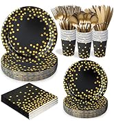 qonimi 175 Pcs Black and Gold Party Plates Cups and Napkins Sets Black Gold Foil Dot Disposable D...