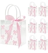 Slomg 12 Pack Pink Bow Clear Plastic Gift Bags with Handles, PVC Ribbon Coquette Bowknot Goodie T...
